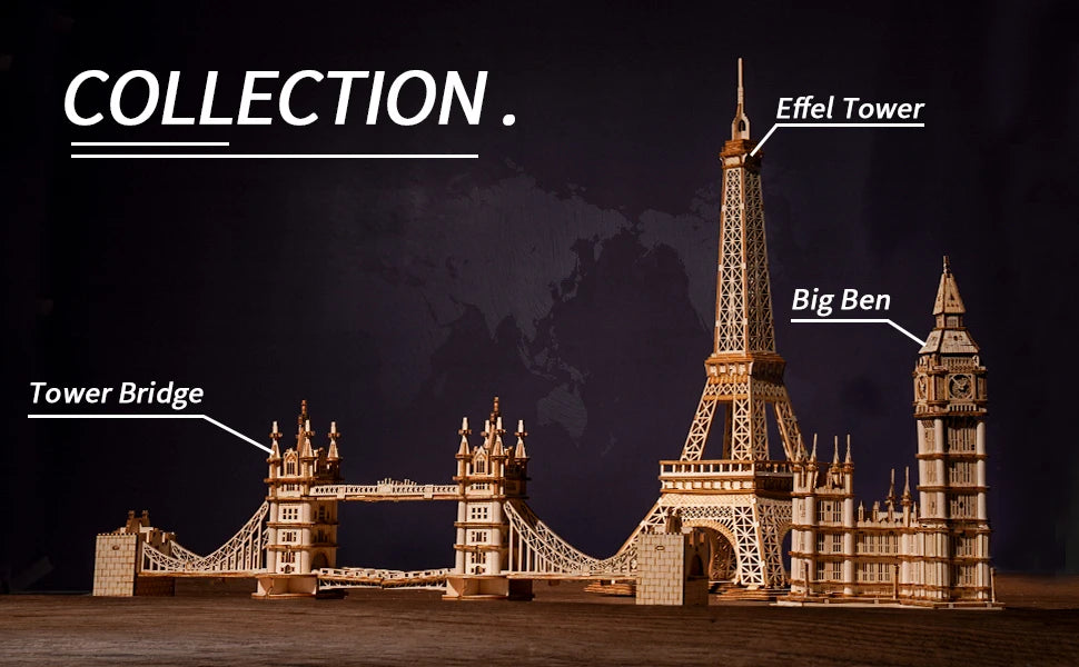 3D Wooden Building Puzzle Set – Big Ben, Tower Bridge & Pagoda Building Models