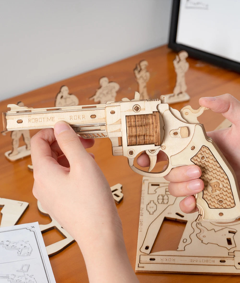 3D Wooden Rubber Band Gun Kit – Shotgun & Revolver Models | Interactive Puzzle Toys for Adults & Kids