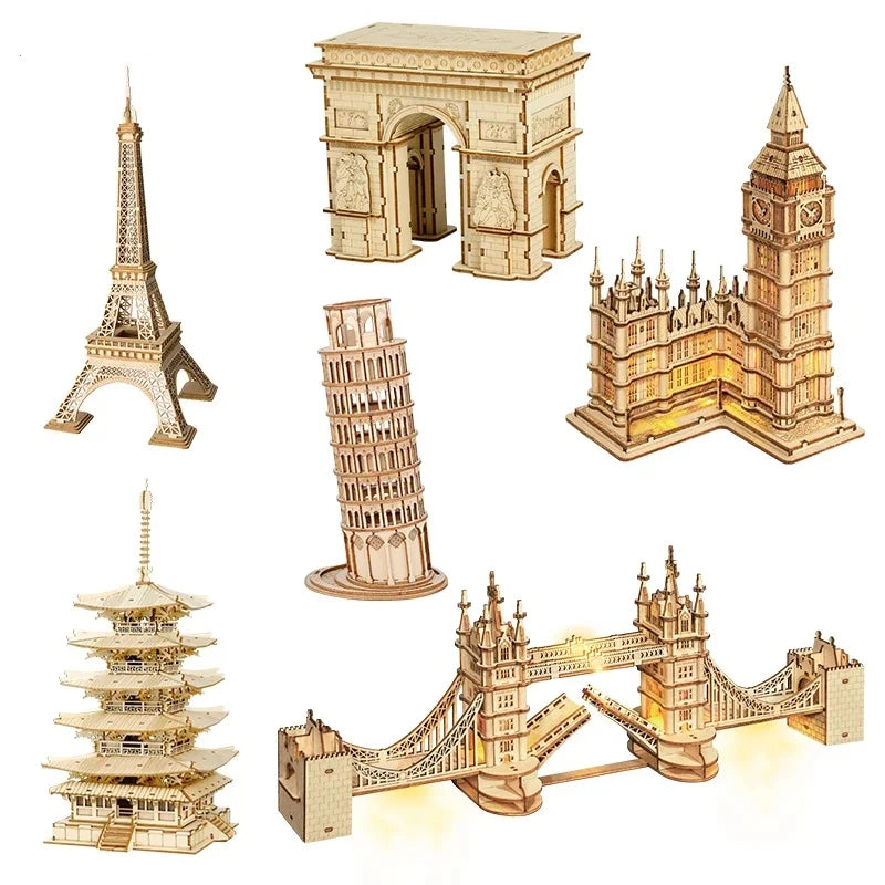 3D Wooden Building Puzzle Set – Big Ben, Tower Bridge & Pagoda Building Models