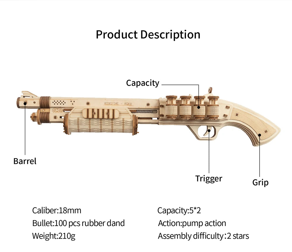 3D Wooden Rubber Band Gun Kit – Shotgun & Revolver Models | Interactive Puzzle Toys for Adults & Kids