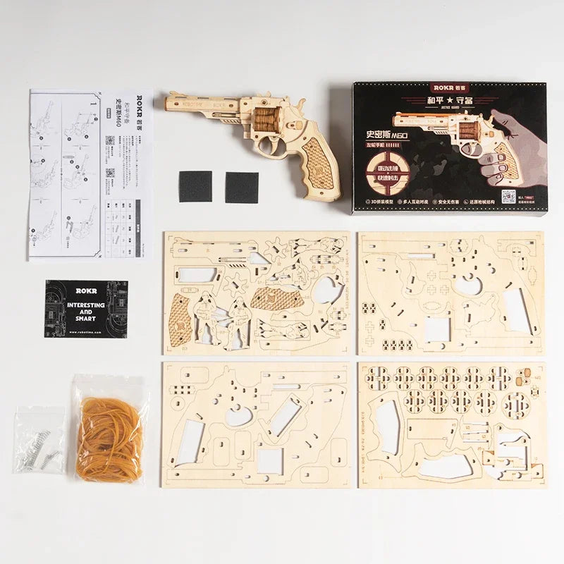 3D Wooden Rubber Band Gun Kit – Shotgun & Revolver Models | Interactive Puzzle Toys for Adults & Kids